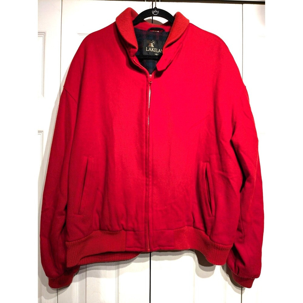 Vintage Lakeland Wool Bomber Jacket Full Zip Red Men Sz: 46 (XL/2XL) Plaid Lined